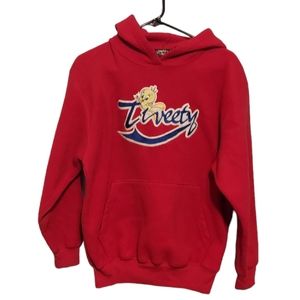 Vintage Looney Tunes Hoodie Size Medium Red 90s Tweety Bird Fleece Embroidered